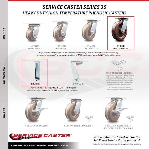 8 Inch High Temp Phenolic Caster Set With Roller Bearings 2 Swivel 2 Rigid SCC